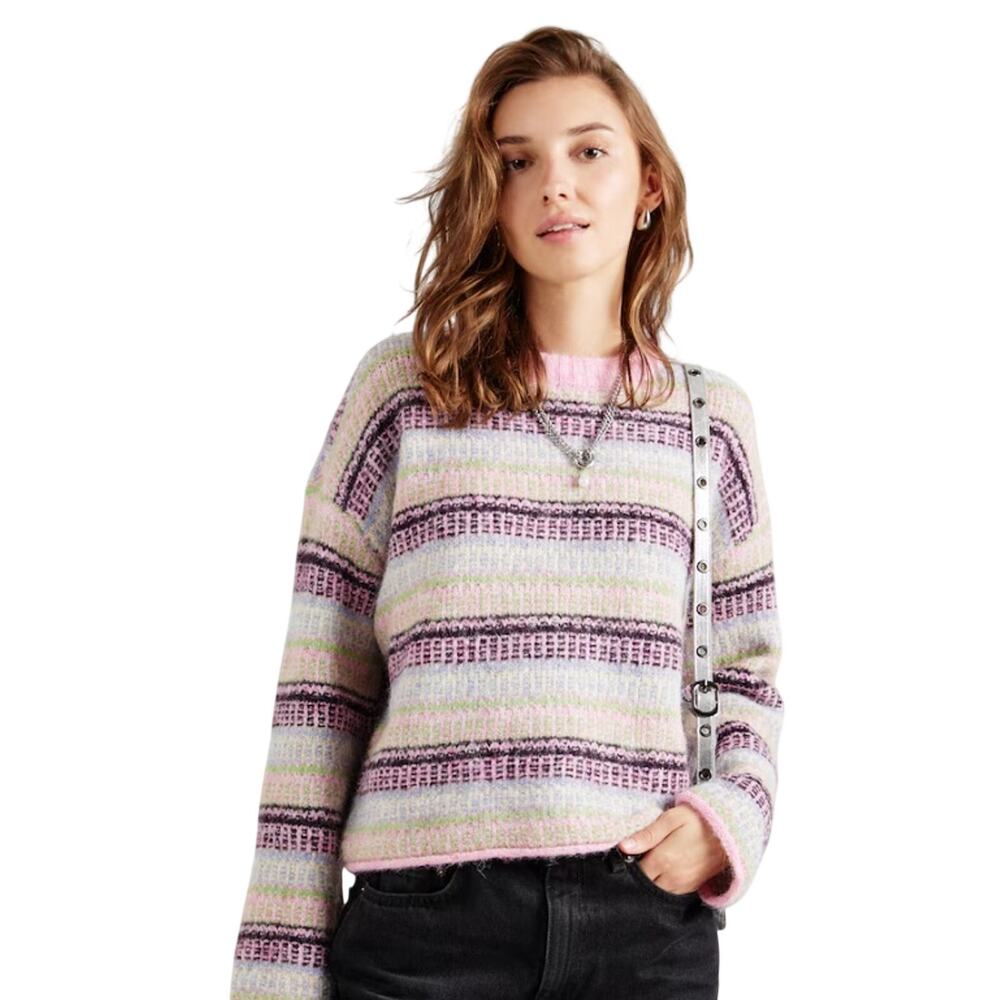 Vero Moda Women Fuchsia Pink Striped Chunky Knit Volume Sleeve Sweater Size XS